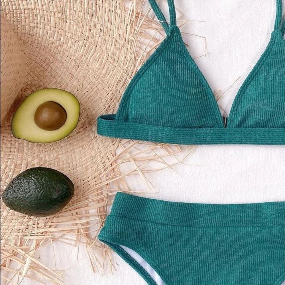 Solid Rib Knit Triangle High Waisted Bikini - image 3